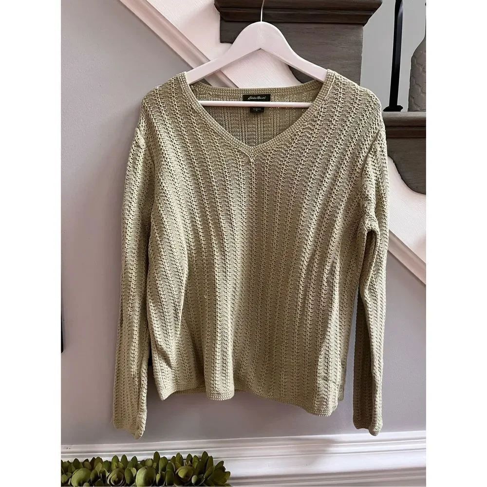 Eddie Bauer Green V-Neck Cotton Sweater sz L